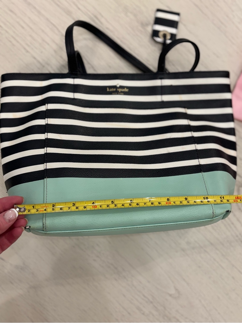 Kate Spade New York Black & White Striped Tote with Mint Trim - Picture 11 of 15